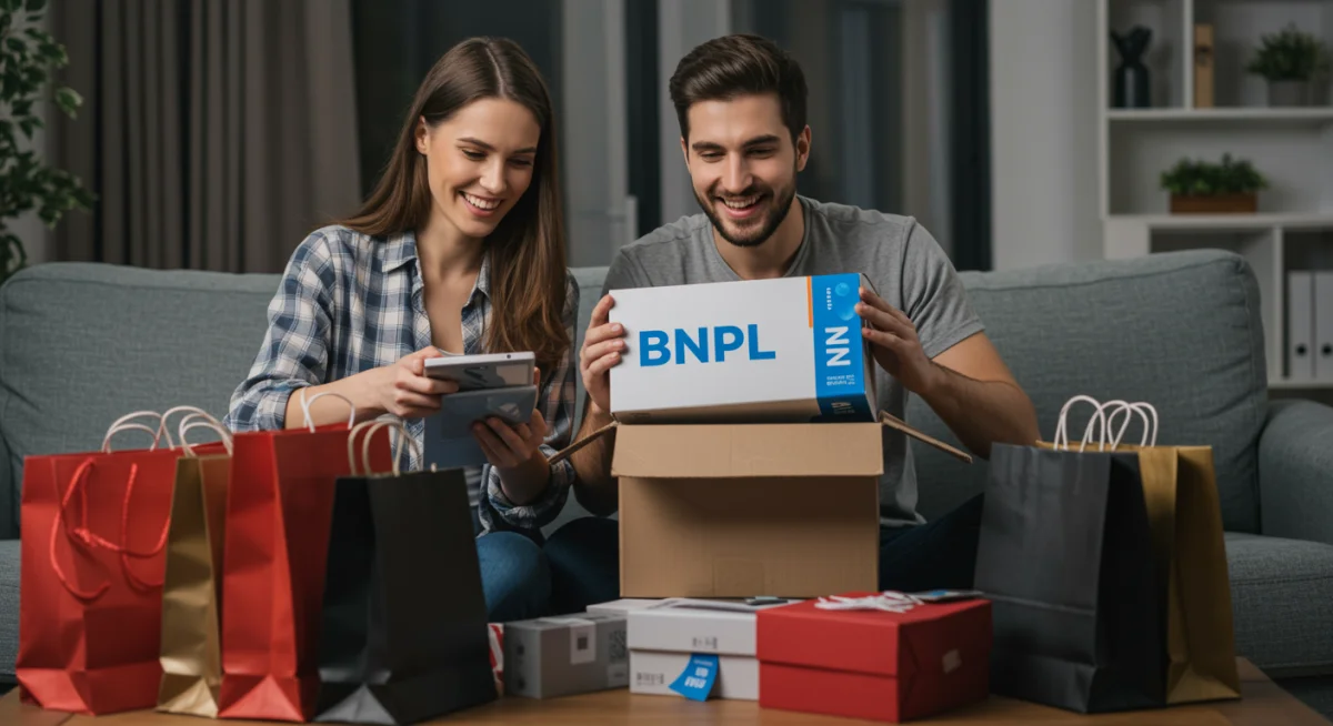 Millennial couple unboxing Black Friday BNPL purchases