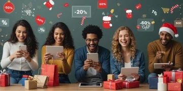 People engaging in mobile holiday shopping with festive backgrounds, showing various deals and discounts on screens.