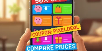 Mobile phone displaying a discount shopping app with deal cards and coupon codes for mobile-first deal hunting