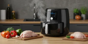 Modern air fryer on kitchen counter with fresh ingredients, representing healthy cooking.