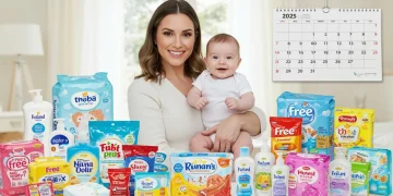 New parent with baby surrounded by free baby product samples 2025