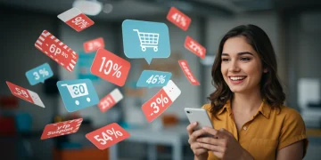Smiling shopper with smartphone surrounded by floating online coupon codes, illustrating the psychology of digital discounts.