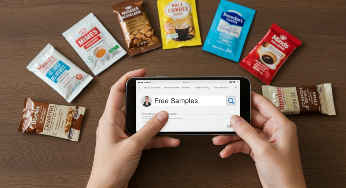 Person using phone to find free samples online, with various sample products nearby.