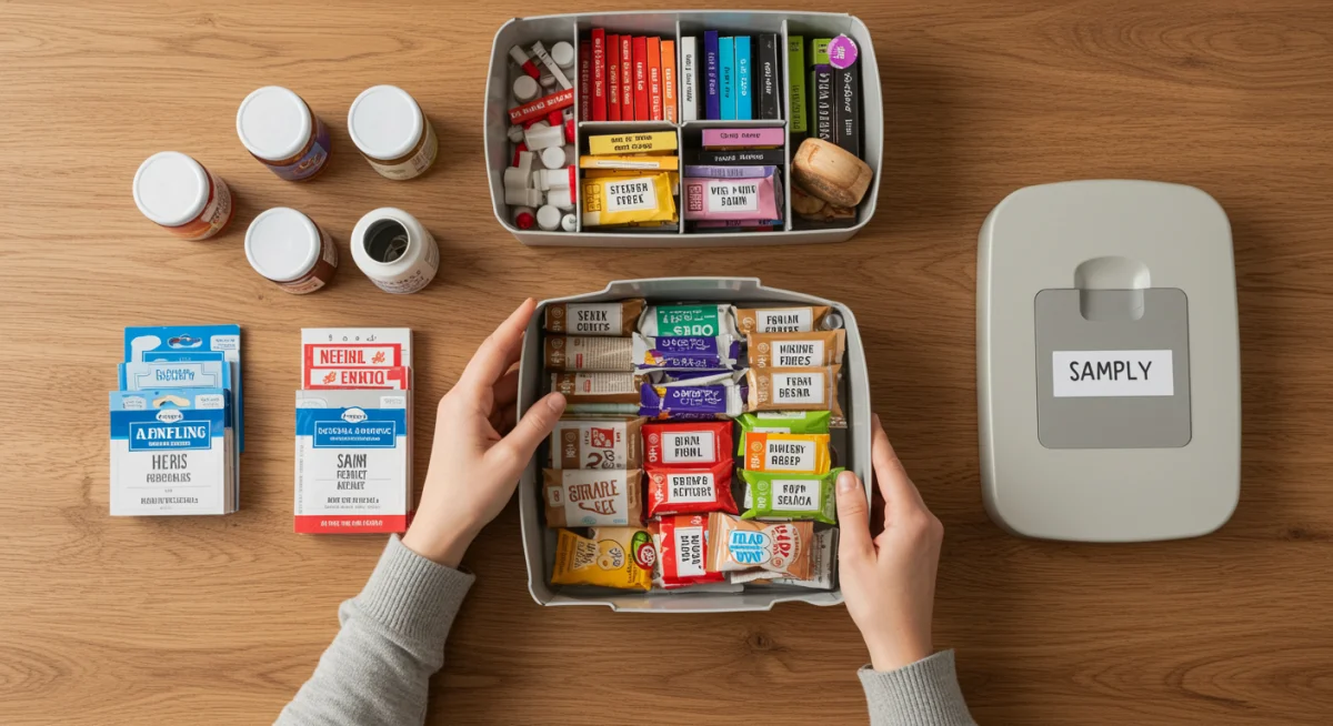 Person organizing collected free samples into labeled bins by category.