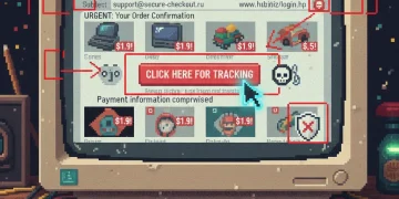 Suspicious phishing email on computer screen with holiday shopping backdrop and fraud warning indicators