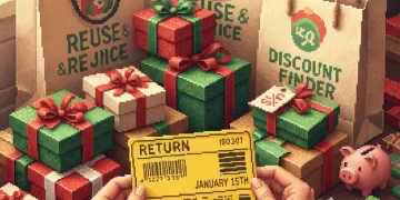 Woman processing post-holiday returns with stacks of gift boxes and resale items in January