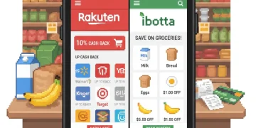 Rakuten and Ibotta cashback apps comparison on mobile phone screen with grocery items