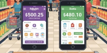 Comparison of Rakuten and Ibotta cashback apps on mobile screens with grocery shopping background