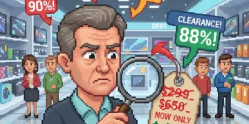 Shopper examining price tags and discount claims carefully in a retail store to identify fake deal headlines