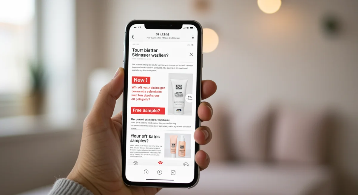 Smartphone showing skincare brand email with free sample offer