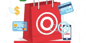 Target shopping bag with cashback symbols and digital savings icons representing combined discount strategies