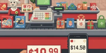 Customer comparing prices with price matching policy at Target or Walmart store during December holiday sales