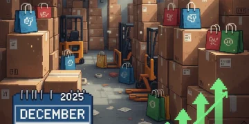 Warehouse with shopping boxes and 2025 calendar showing rising tariff costs and inflation trends for US consumers