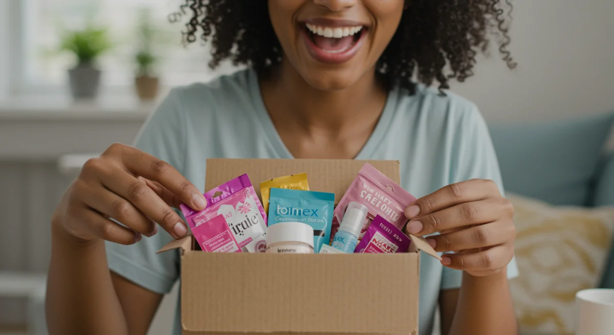 Person unboxing a package of free beauty product samples