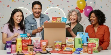 People happily unboxing free product samples, showcasing a variety of items.