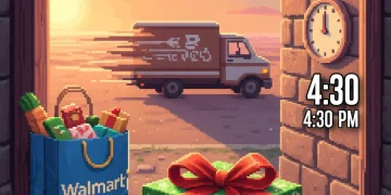 Wrapped Christmas gift on doorstep with Walmart bag and delivery truck, showing last-minute express delivery for Christmas Eve