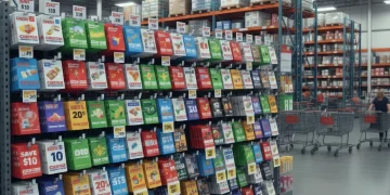 Gift cards on display at Costco and Sam's Club with discount promotions and price tags showing savings